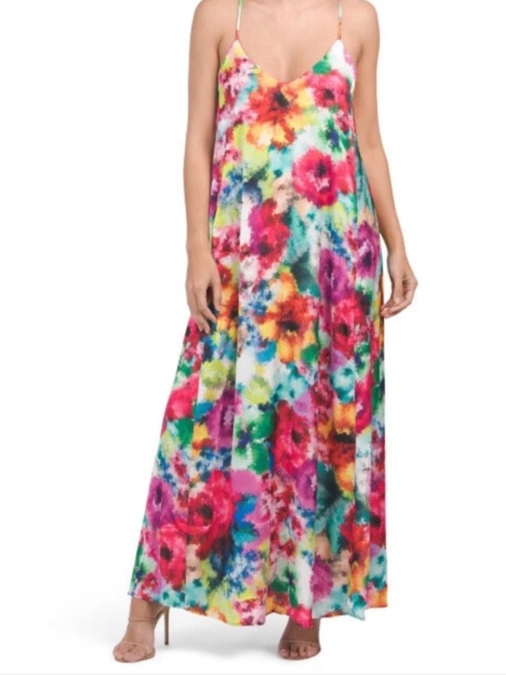 Nicole Miller Watercolor Floral Satin Print Maxi Dress